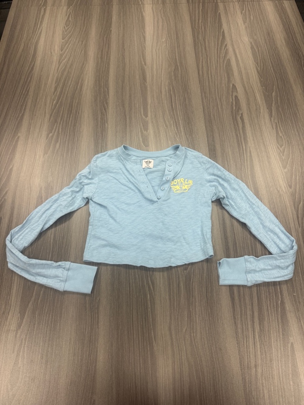 Boys Lie Misty Blue Long Sleeve Cropped Henley Shirt Size XS